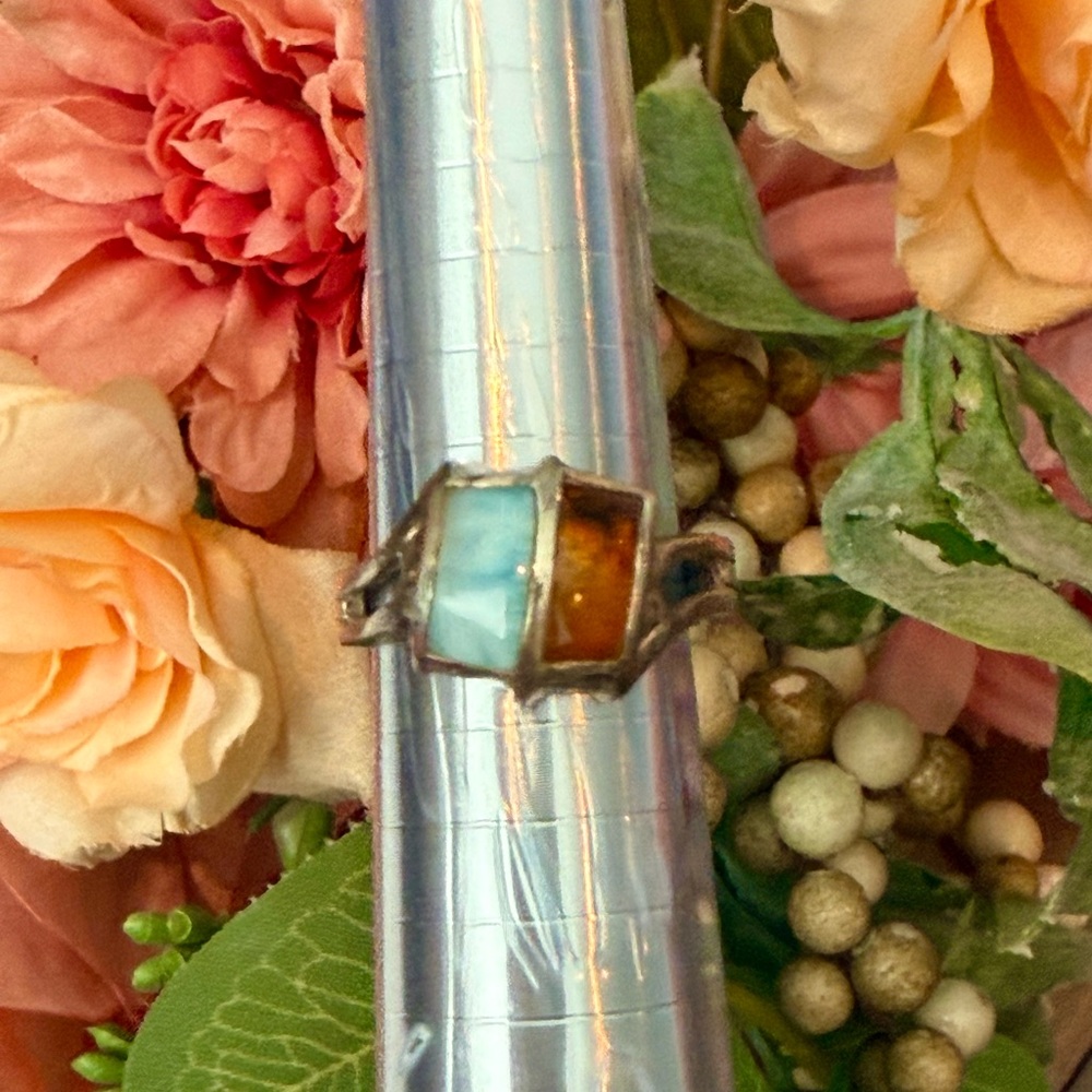 Authentic Dominican Handcrafted Larimar and Amber Ring - Picture 7 of 10